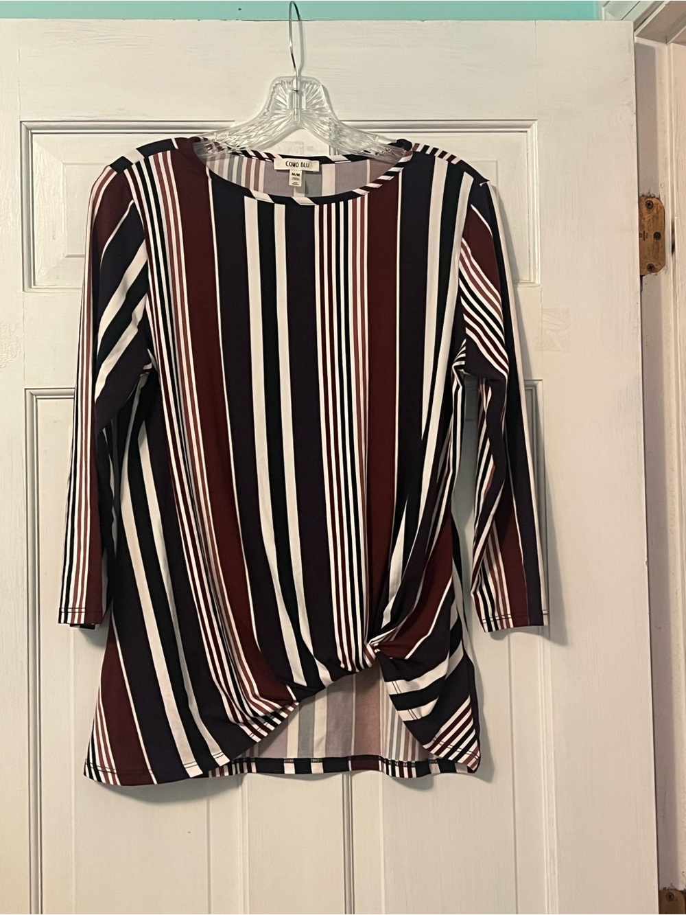 Caro Fashions Burgundy, Black & White Striped Twist-Hem Blouse